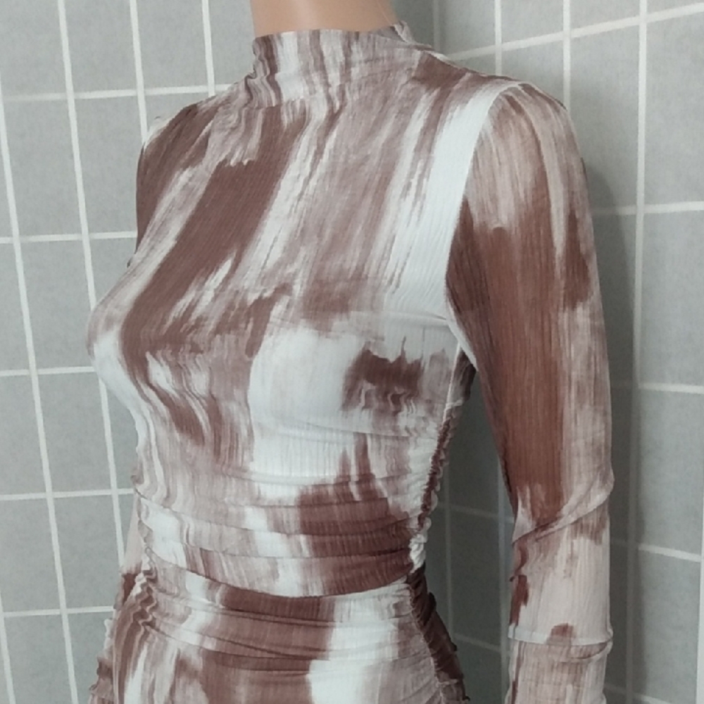 Commense Brown and White Brushstroke Maxi Dress Women's XS -Long  Ruched Sleeves